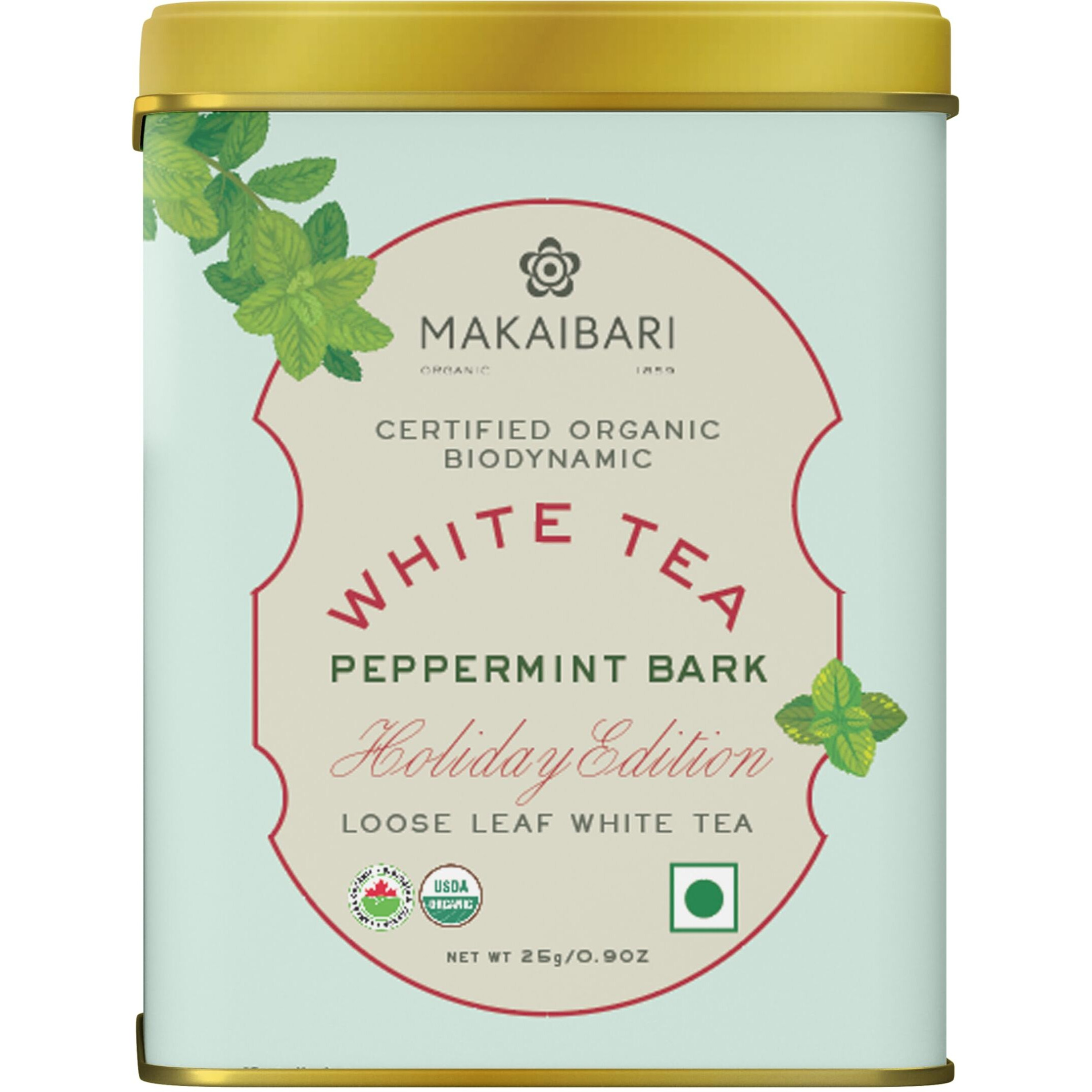 Makaibari Holiday Edition  White Peppermint Bark|Usda Certified Premium White Tea|Anti-Oxidants, Immunity Booster, Low Caffeine|Supports Healthy Skin|Tin Caddy|50Gram - Loose Leaves