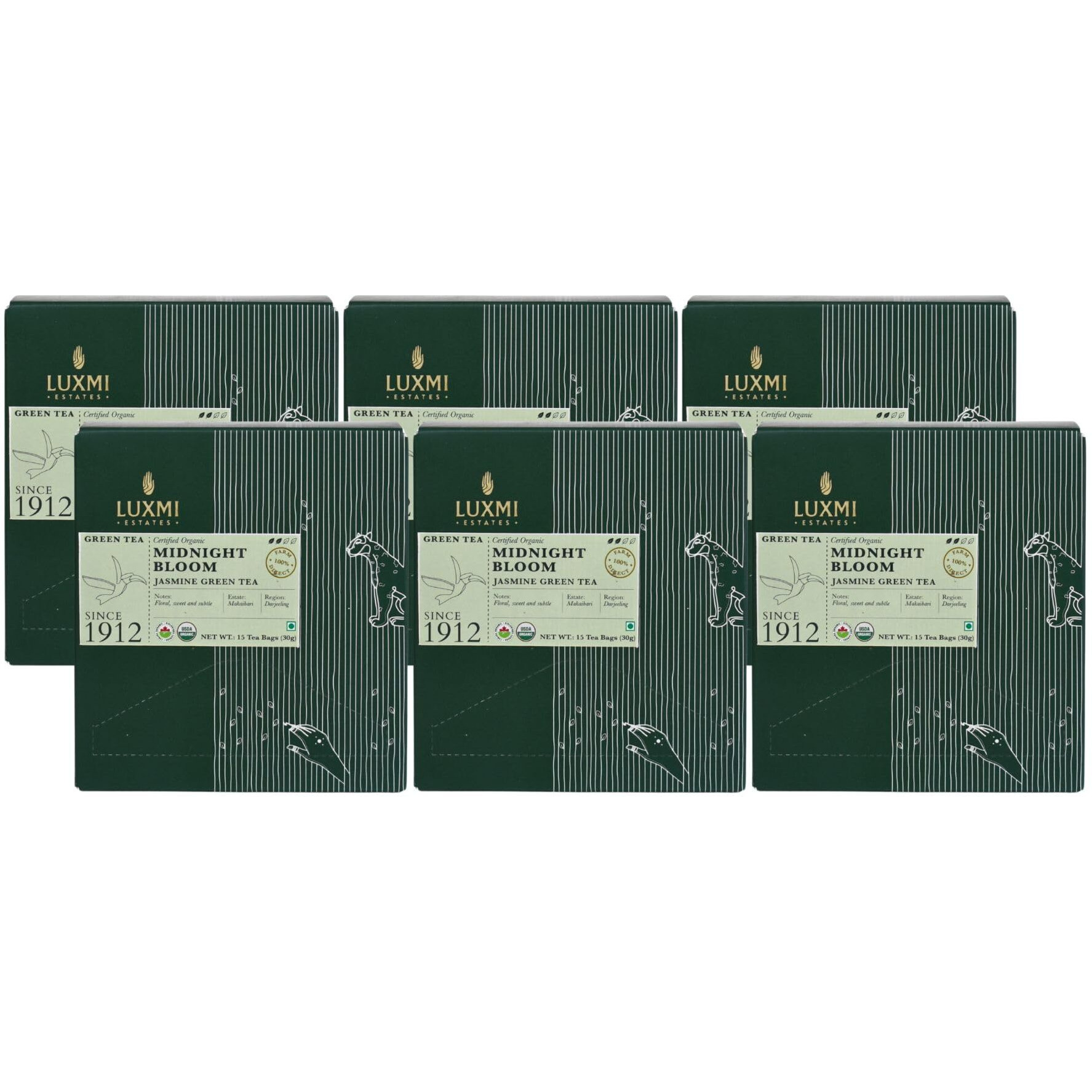 Luxmi Estates Midnight Bloom Jasmine Green Tea 15 Tea Bags (30g) Pack of 6 | Certified USDA Organic Green Tea | With Organic Jasmine Buds | Darjeeling Green Tea | 90 Cups