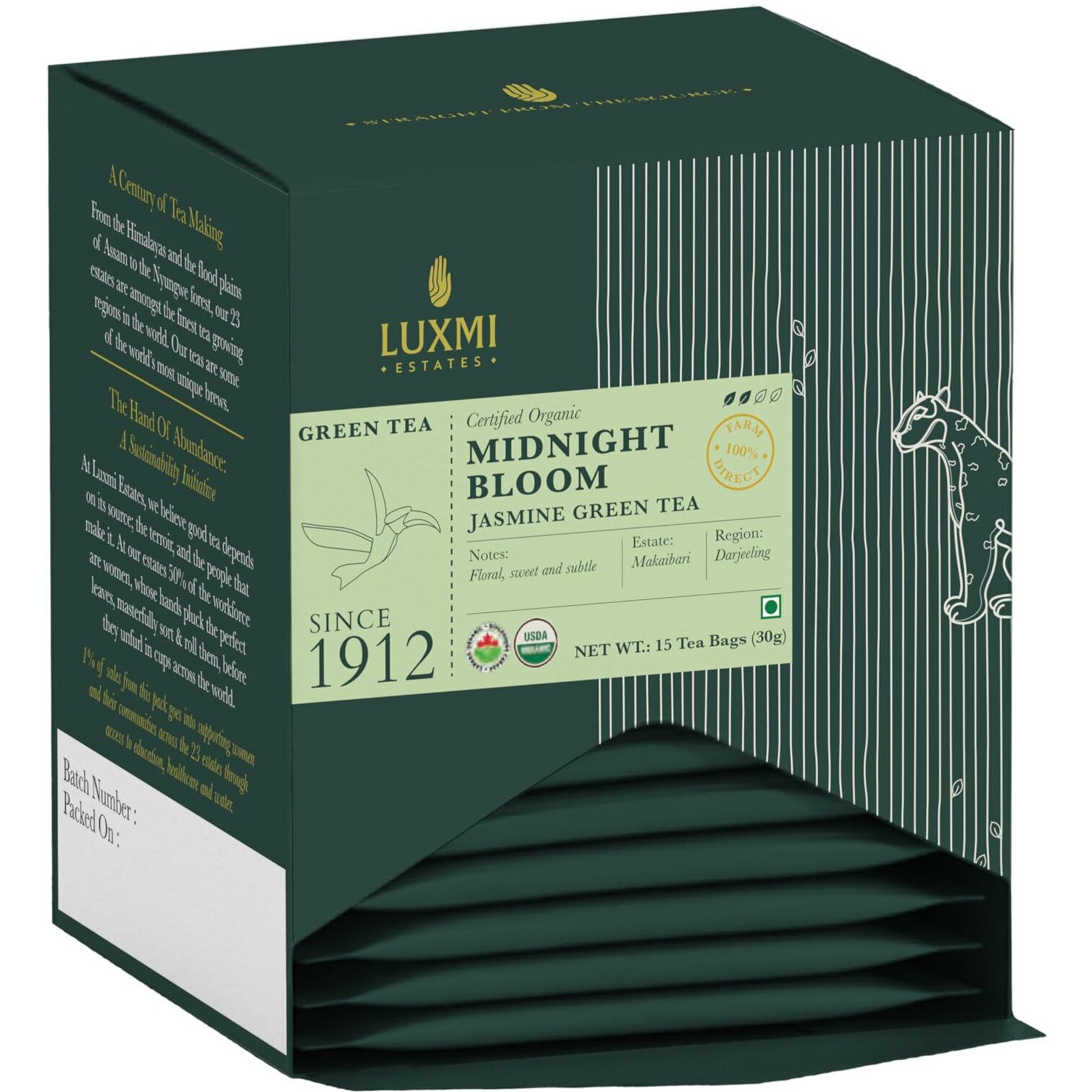 Luxmi Estates Midnight Bloom Jasmine Green Tea 15 Tea Bags (30g) Pack of 6 | Certified USDA Organic Green Tea | With Organic Jasmine Buds | Darjeeling Green Tea | 90 Cups