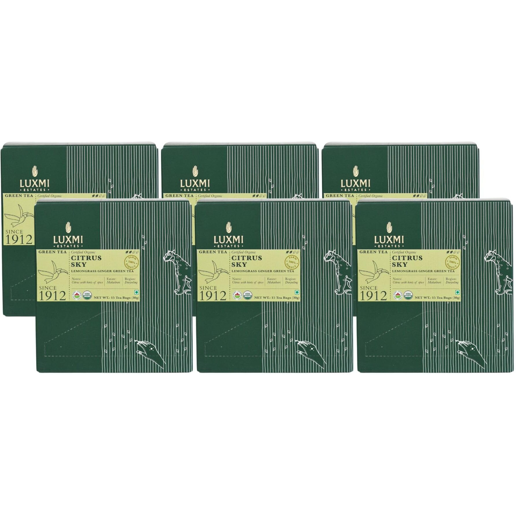 LUXMI Estates Citrus Sky Lemongrass Ginger Green Tea 15 Tea Bags (30 Gram) Get Pack Of 6|Certified Organic Darjeeling Green Tea|Natural Lemon Balm Tea-Calming, Supports Digestion|90 Cups