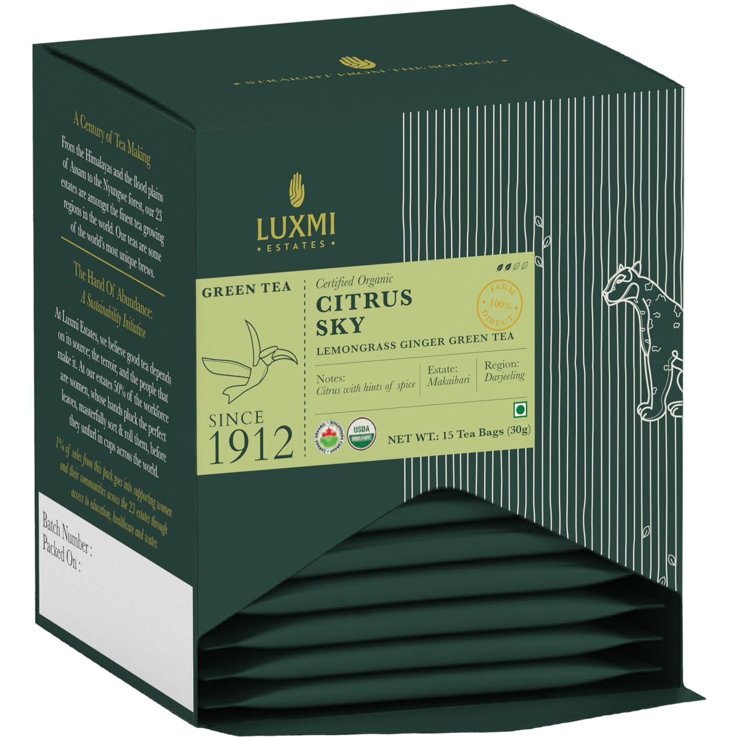 LUXMI Estates Citrus Sky Lemongrass Ginger Green Tea 15 Tea Bags (30 Gram) Get Pack Of 6|Certified Organic Darjeeling Green Tea|Natural Lemon Balm Tea-Calming, Supports Digestion|90 Cups