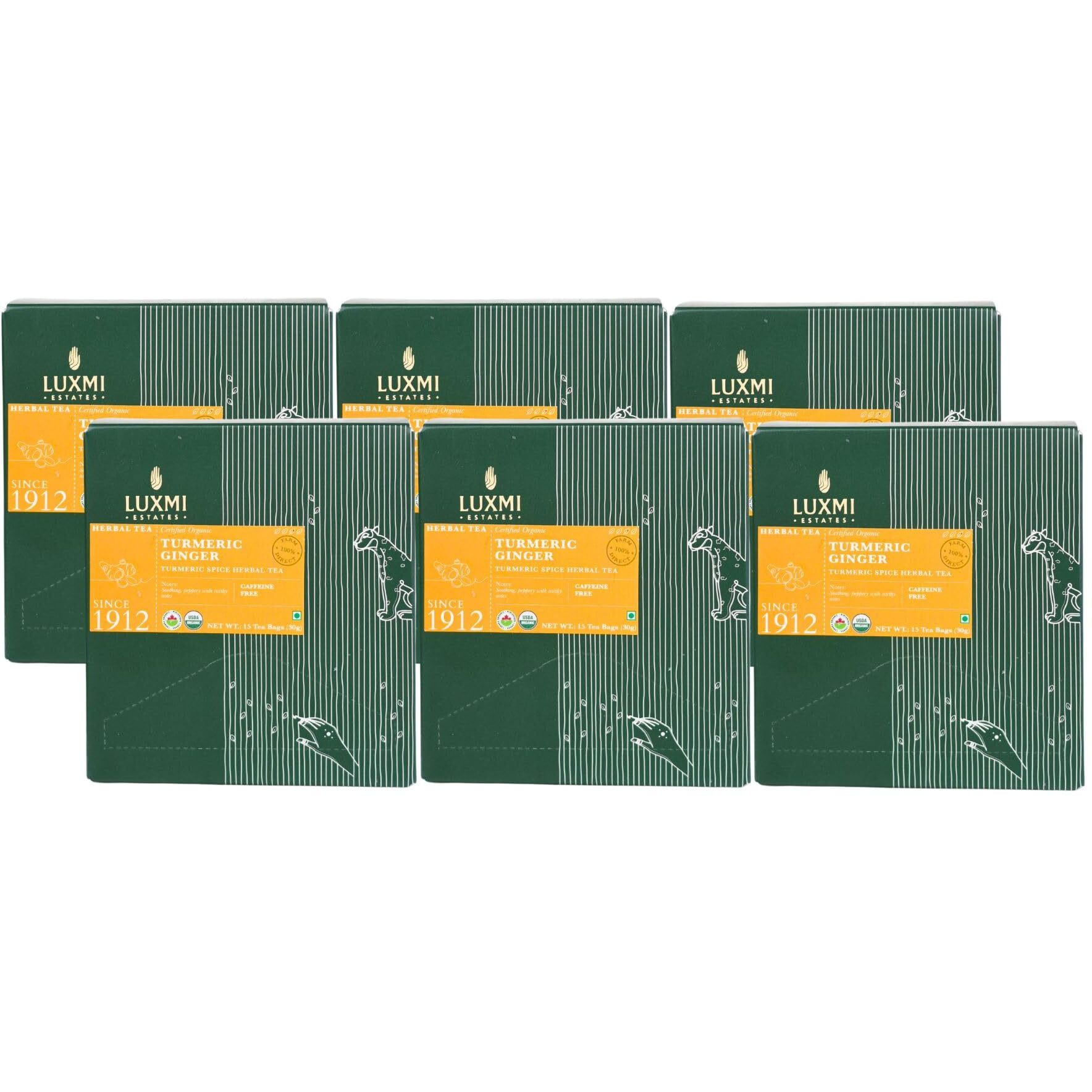 LUXMI Estates Turmeric Ginger Herbal Tea 15 Tea Bags (30 Gram)Pack Of 6|Certified Usda Herbal Tea|Organic Turmeric,Ginger,Cardamom,Black Pepper|Healthy Response To Inflammation (90 Cups)