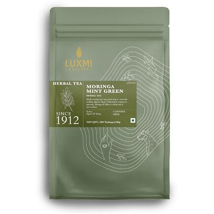 LUXMI Estates Moringa Mint Herbal Tea 50 Tea Bags (100 gram) Pack | Usda Certified Organic Herbal Tea | Caffeine-Free | 50 Cups Bulk Pack