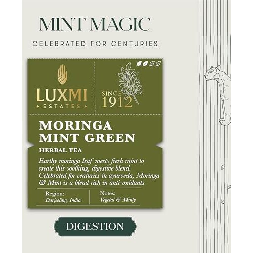 LUXMI Estates Moringa Mint Herbal Tea 50 Tea Bags (100 gram) Pack | Usda Certified Organic Herbal Tea | Caffeine-Free | 50 Cups Bulk Pack