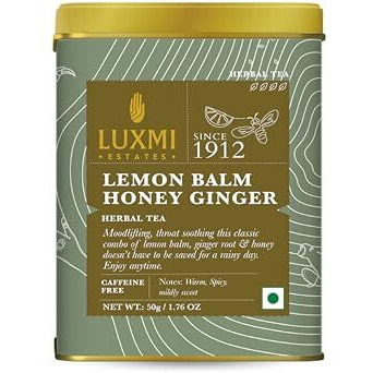 Luxmi Estates Lemon Balm Honey Ginger Herbal Loose Tea 50gm Tin Caddy | USDA Certified Organic Herbal Tea | Caffeine-Free | 25 Cups