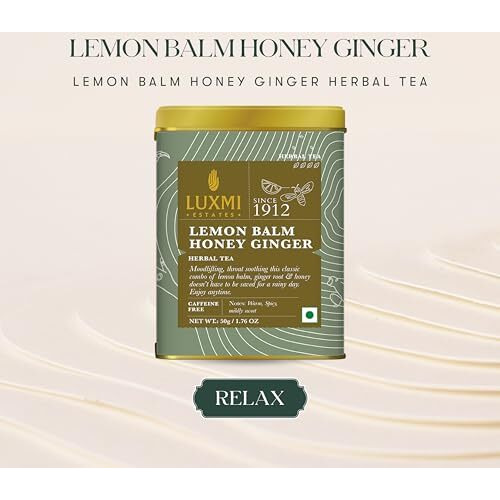 Luxmi Estates Lemon Balm Honey Ginger Herbal Loose Tea 50gm Tin Caddy | USDA Certified Organic Herbal Tea | Caffeine-Free | 25 Cups