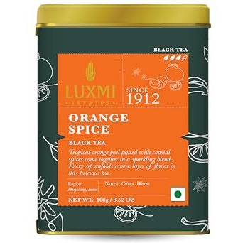 LUXMI Estates Orange Spice Black Tea Loose Leaves 100Gm Tin Caddy | Certified Organic Black Tea | Smooth, Flavorful, Robust, Caffeinated | Darjeeling Tea From India | 50 Cups