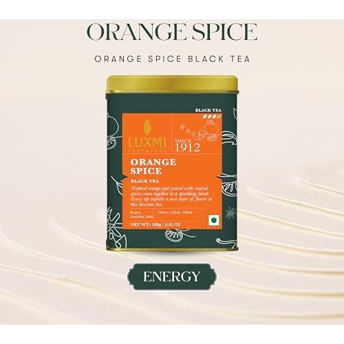 LUXMI Estates Orange Spice Black Tea Loose Leaves 100Gm Tin Caddy | Certified Organic Black Tea | Smooth, Flavorful, Robust, Caffeinated | Darjeeling Tea From India | 50 Cups