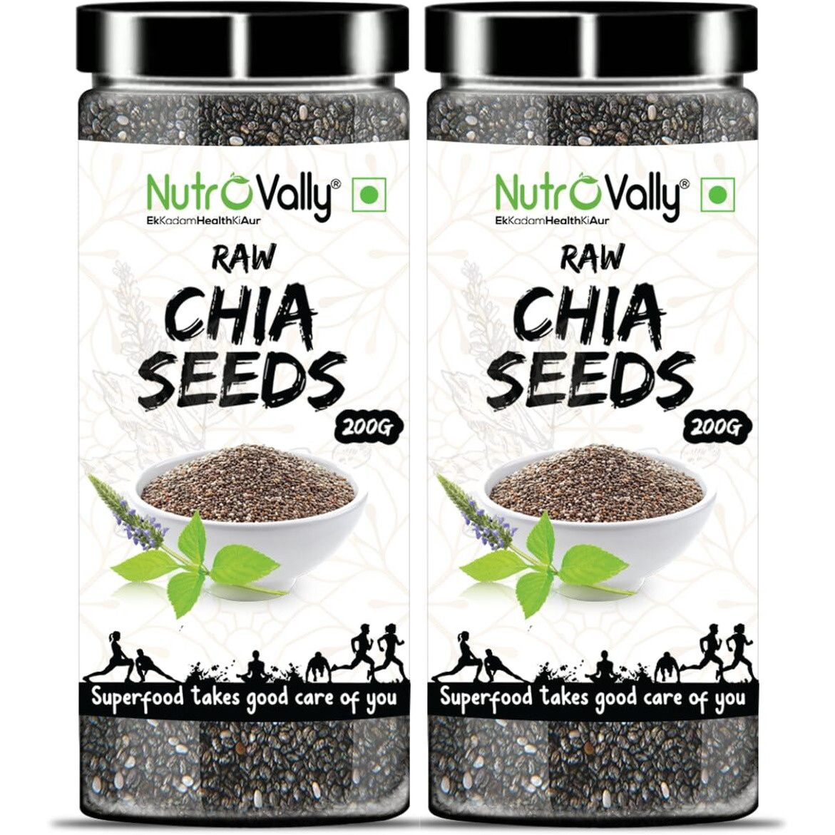 NutroVally Chia seeds 400g (200gm*2) |Chia Seeds for Weight Loss | Loaded with Omega 3, Fiber and Calcium | Rich Raw Chia Seeds for Eating Strong Bones & Overall health Jar Pack