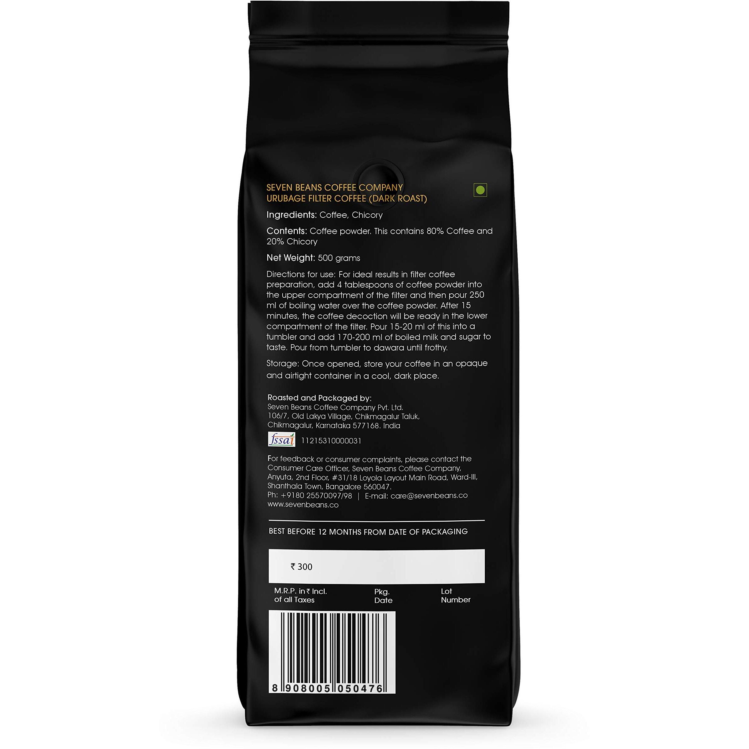 Seven Beans - URUBAGE South Indian Filter Coffee Powder - Coffee 80%, Chicory 20%,500 g (Dark Roast)