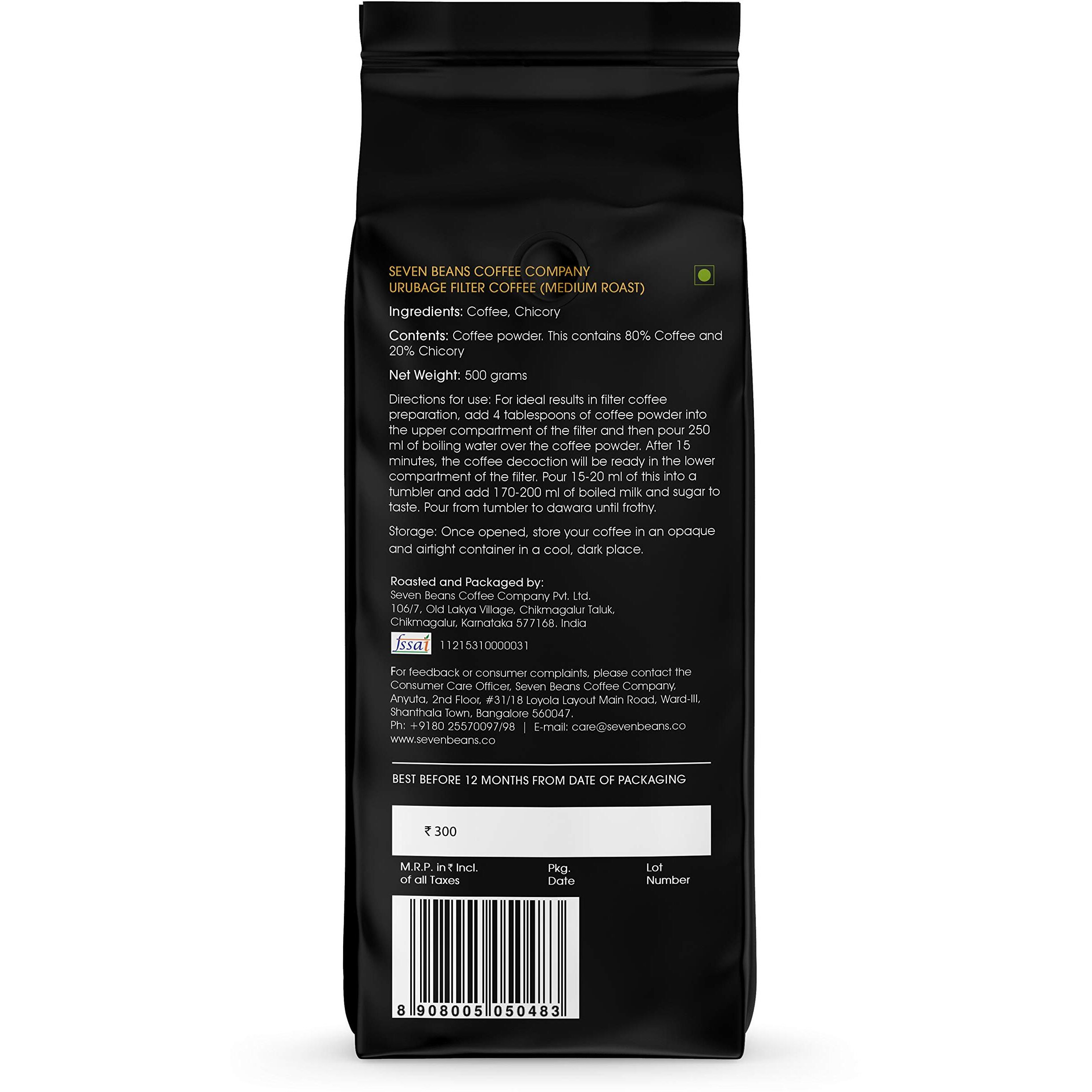 Seven Beans - URUBAGE South Indian Filter Coffee Powder - Coffee 80%, Chicory 20%,500 g (Medium Roast)