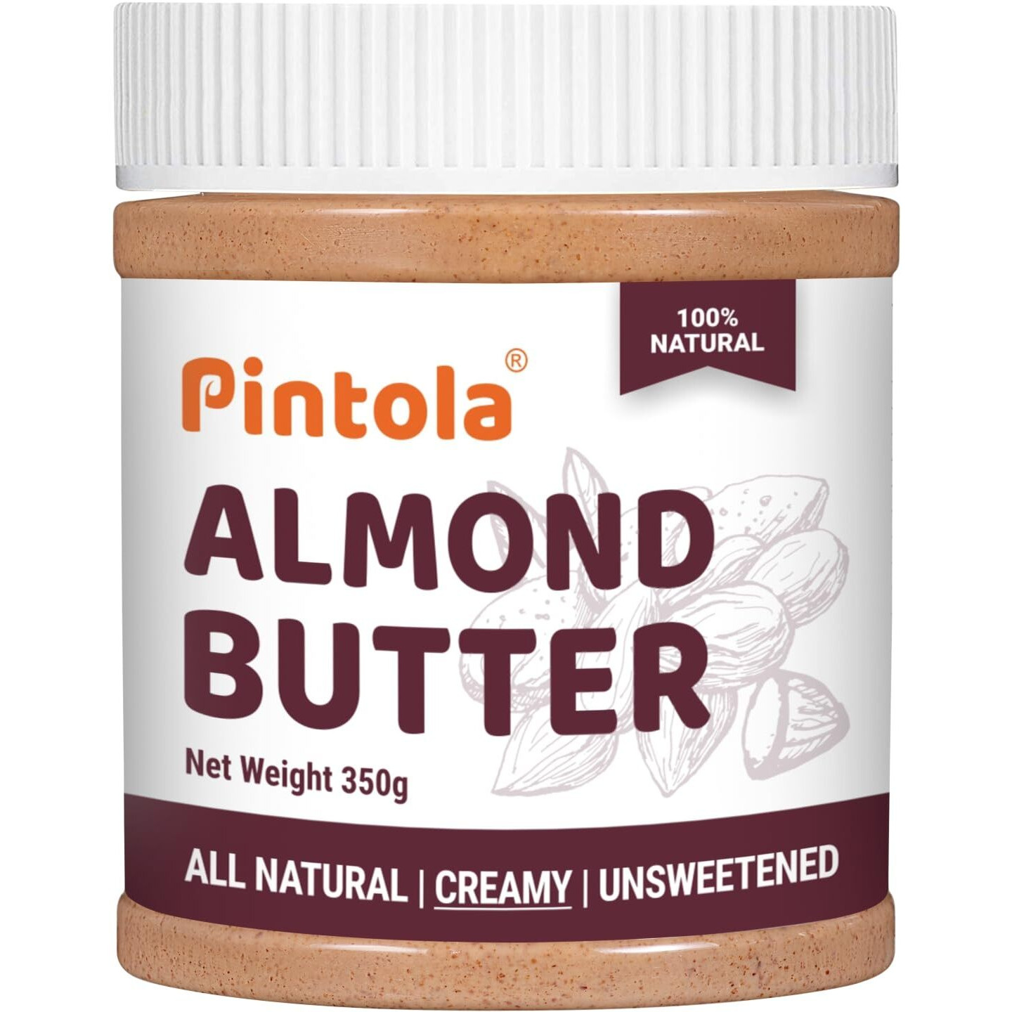 Pintola Almond Butter Creamy 350g - All Natural Unsalted Butter, Healthy Almond Butter Unsweetened for Bread Spreads, Vegan Almond Butter