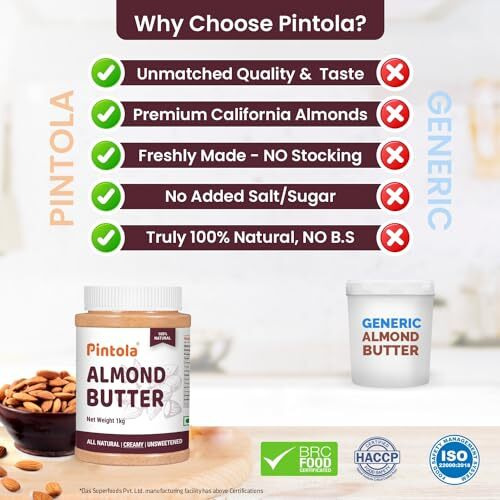 Pintola Almond Butter Creamy 1kg - All Natural Unsalted Butter, Healthy Almond Butter Unsweetened for Bread Spreads, Vegan Almond Butter