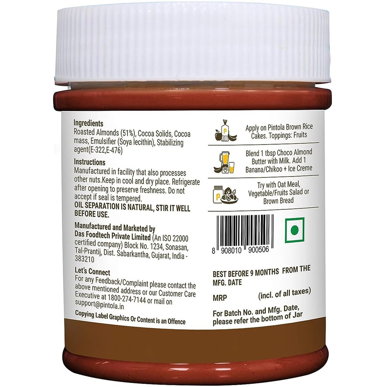 Pintola Almond Choco Spread Creamy 200g | High Protein & fiber | Gluten & cholesterol free | Smooth | Rich in vitamins & anti-oxidants | Made with dark chocolate