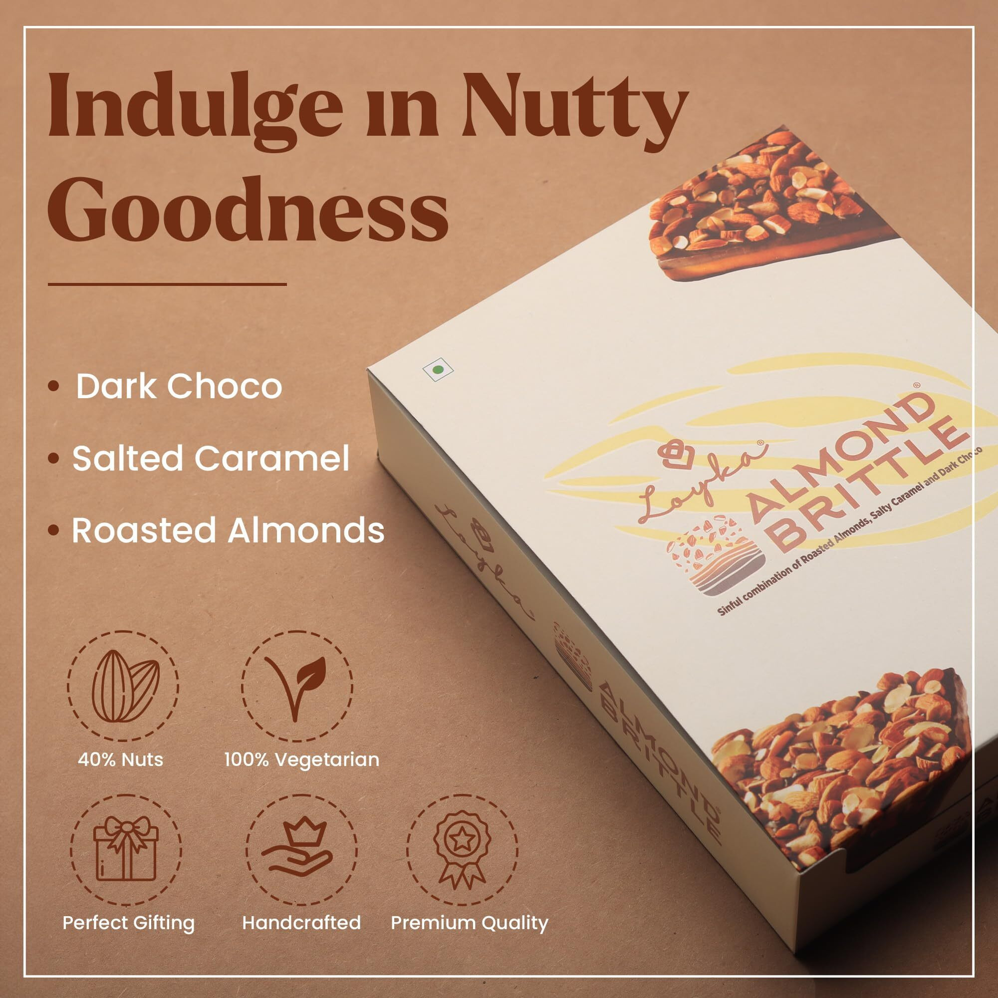 Loyka Almond Brittle Classic Choco Box - 12 pcs | Premium Chocolate Gift Hamper |Choco & Nut Dryfruit Delicacy |Roasted California Almonds (40%), Dark Choco & Salted Caramel | Any-time snack, 204 gram