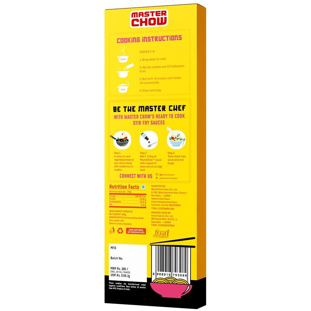 MasterChow Healthy Whole Wheat Noodles | No Preservatives | 100% Atta | Get Restaurant Style Taste in Just 10 Minutes | No Maida, Not Fried | Serves 4-5 Meals - 300gms