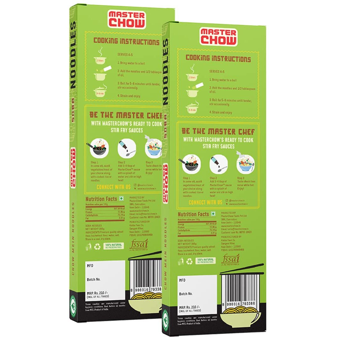 MasterChow Healthy Soba Noodles - Pack of 2 | Made with Buckwheat Flour 70% & Whole Wheat 30% | Serves 4-5 Meals - 600gms