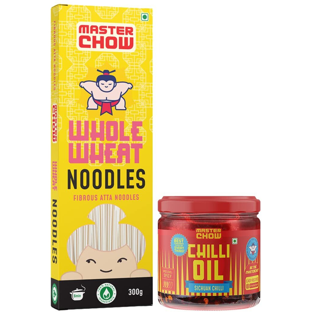 MasterChow Sichuan Chilli Oil Whole Noodle Pack - Spicy & Crunchy Chilli Oil Dip With Healthy Whole Wheat Noodles | 100% Veg & All Natural In Just 10 Minutes | Serves 4-5 Meals, 830 Gram