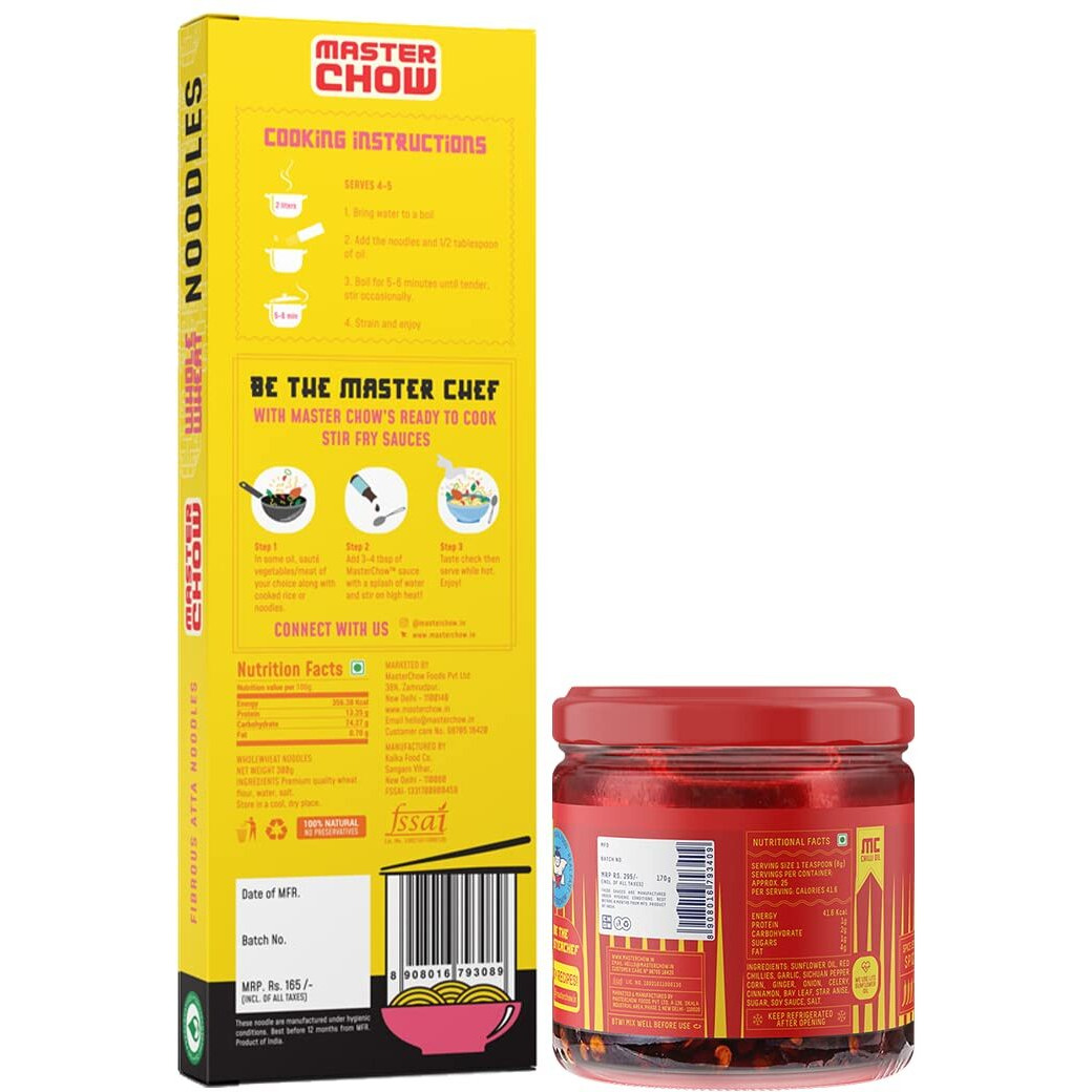 MasterChow Sichuan Chilli Oil Whole Noodle Pack - Spicy & Crunchy Chilli Oil Dip With Healthy Whole Wheat Noodles | 100% Veg & All Natural In Just 10 Minutes | Serves 4-5 Meals, 830 Gram