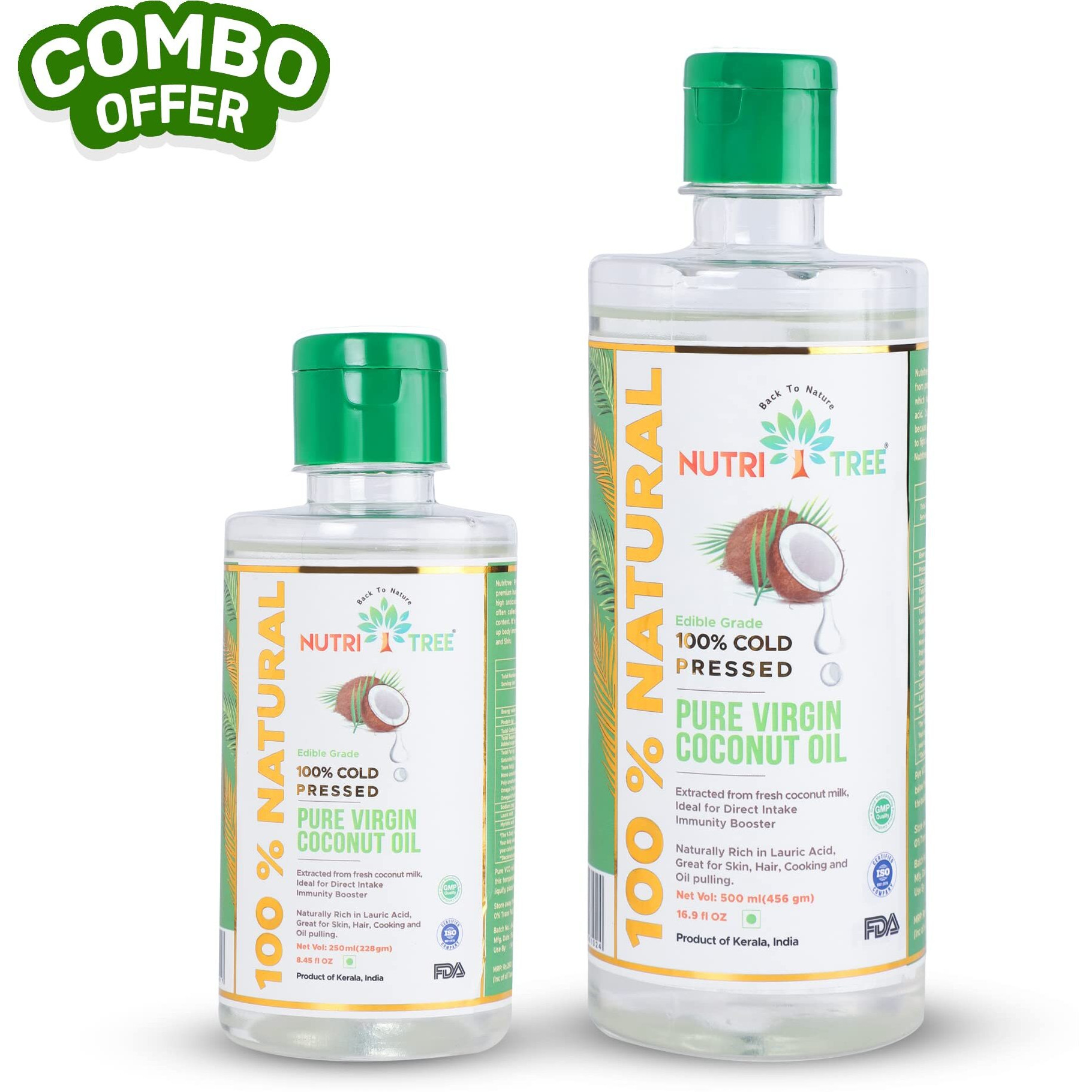 Nutritree 100 % Cold Pressed Pure Virgin Coconut Oil | 500 ml+ 250 ml (Pack of Two) | Multi Usage | Extracted from Coconut Milk | Offer Pack | 100% Naturally Rich in Lauric Acid | Great for Skin, Baby Massage, Hair, Cooking, Oil Pulling | Product of Kerala