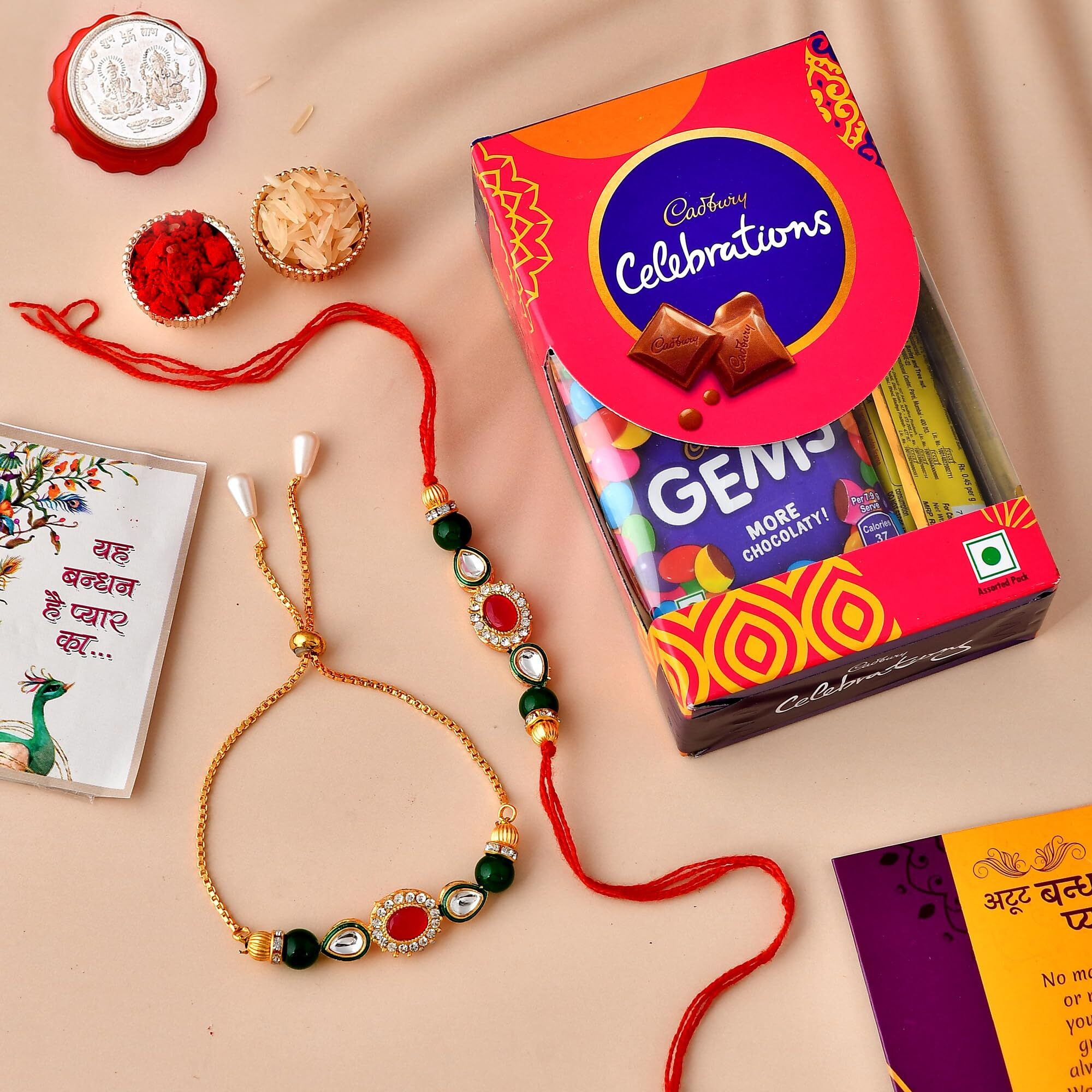 CraftVatika Rakhi For Brother and Bhabhi Gift Hamper | Pooja Coin | Premium Rakhi Combo Set 2 With Chocoloaces | Kundan Rakhi For Bhai Bhabhi Bhaiya With Chocolate