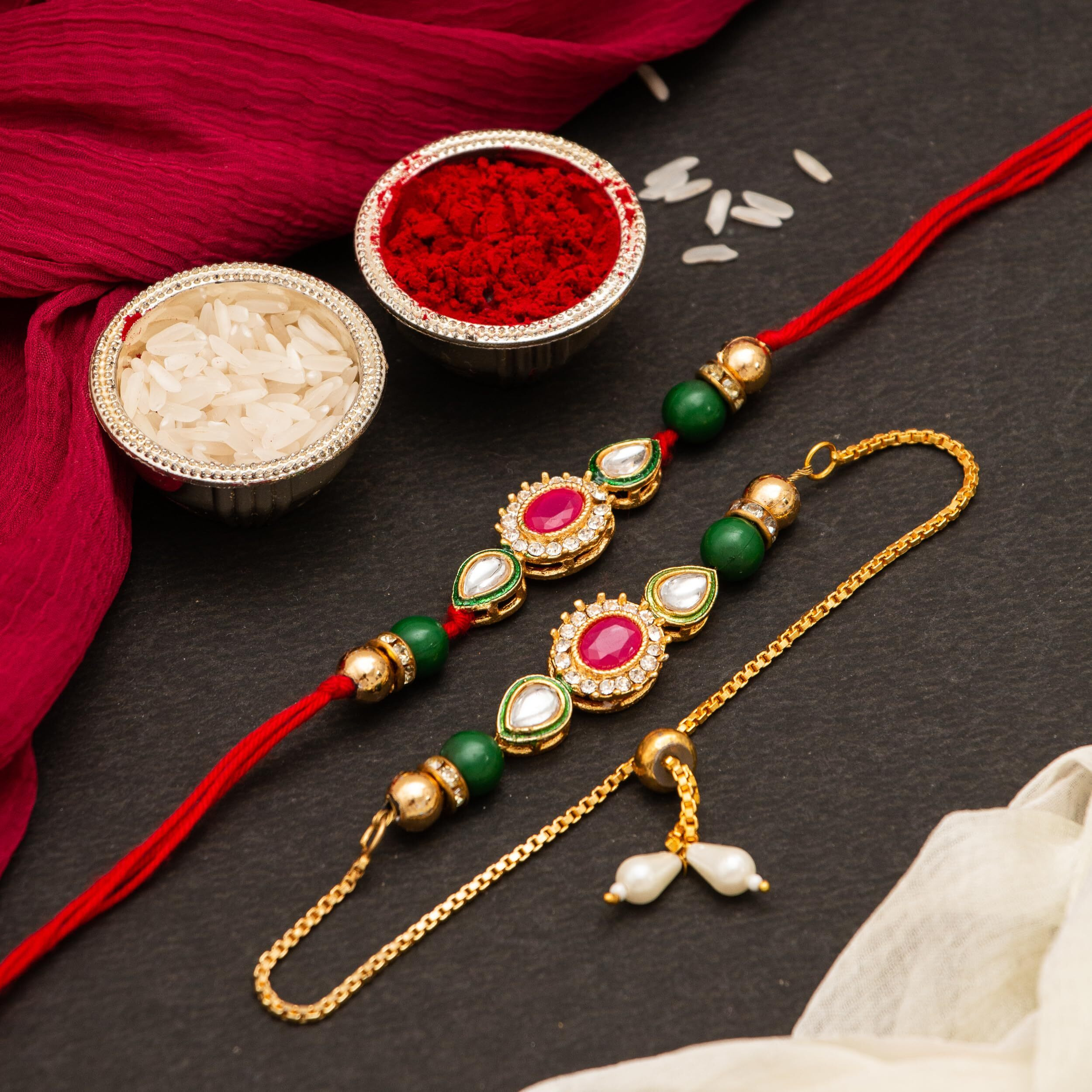 CraftVatika Rakhi For Brother and Bhabhi Gift Hamper | Pooja Coin | Premium Rakhi Combo Set 2 With Chocoloaces | Kundan Rakhi For Bhai Bhabhi Bhaiya With Chocolate