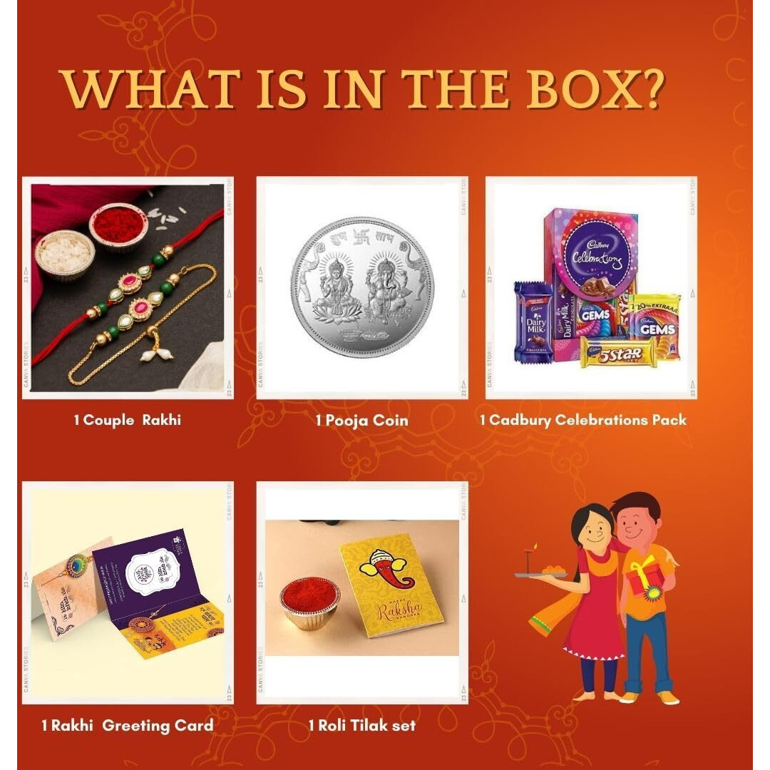 CraftVatika Rakhi For Brother and Bhabhi Gift Hamper | Pooja Coin | Premium Rakhi Combo Set 2 With Chocoloaces | Kundan Rakhi For Bhai Bhabhi Bhaiya With Chocolate