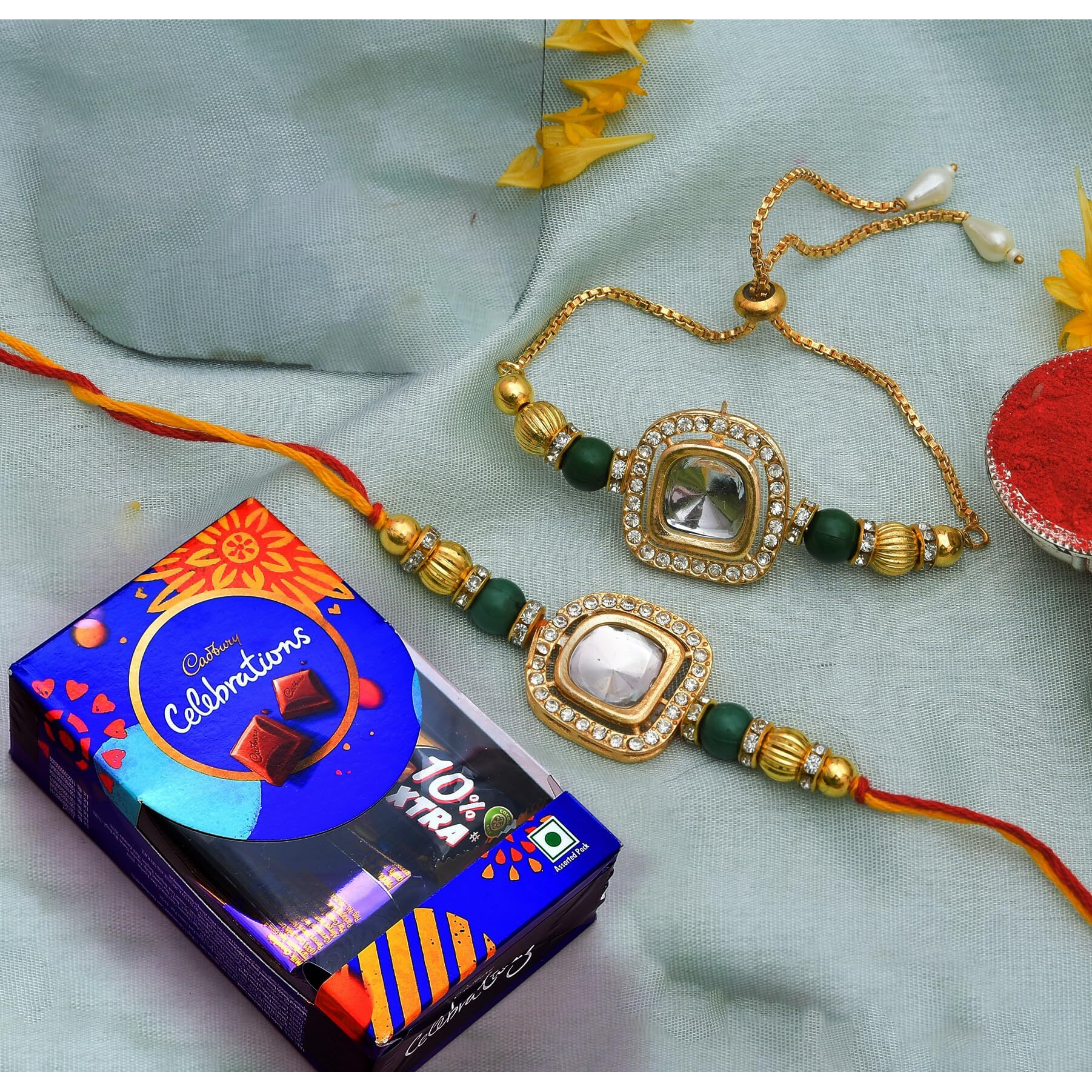 CraftVatika Rakhi for Brother and Bhabhi with Chocolate Gift Combo - Kundan Rakhi for Bhaiya Bhabhi - Couple Pair Rakhi for Bhai Bhabhi - Rakhi with Chocolate Combo Rakshabandhan Gifts- 150 gram