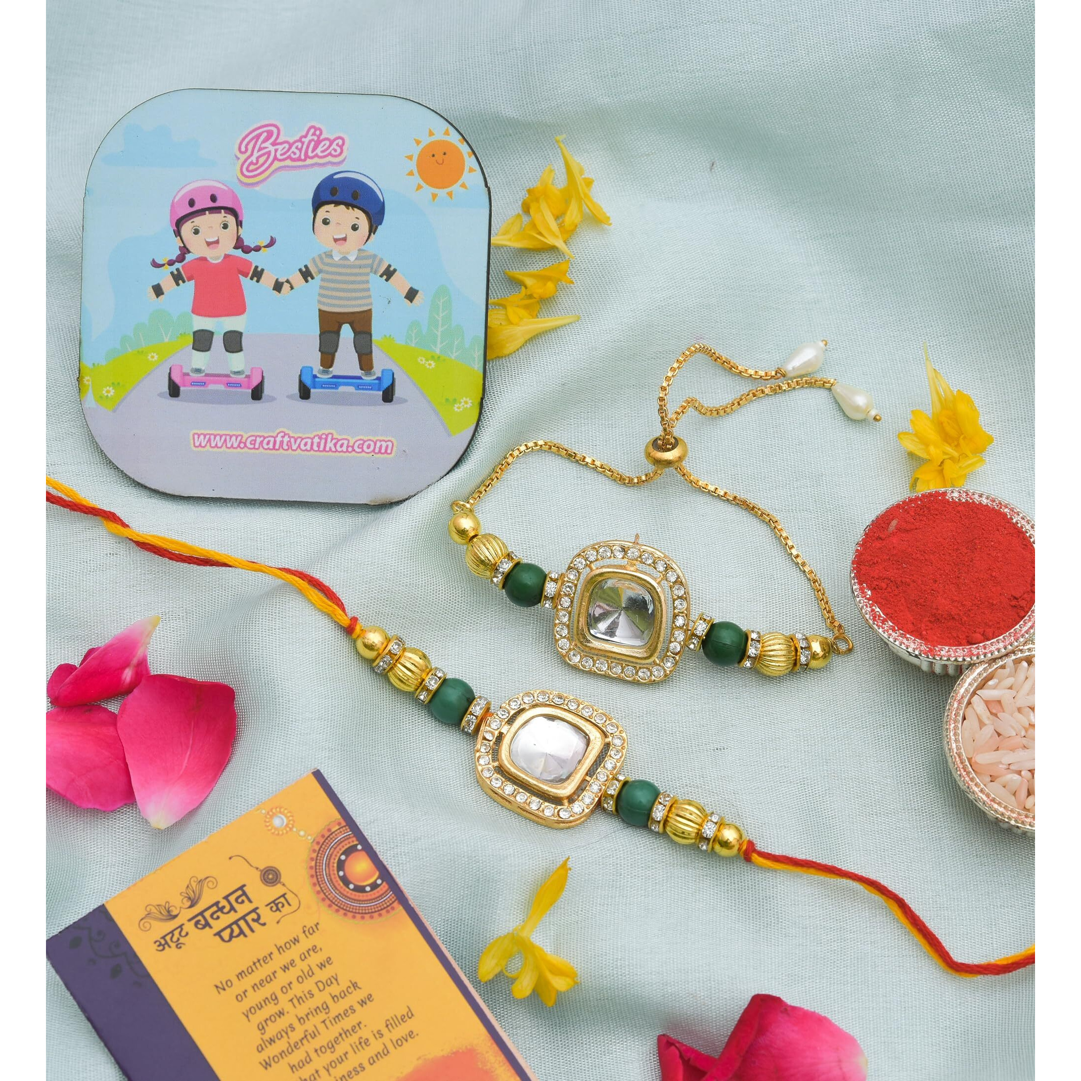 CraftVatika Rakhi for Brother and Bhabhi with Chocolate Gift Combo - Kundan Rakhi for Bhaiya Bhabhi - Couple Pair Rakhi for Bhai Bhabhi - Rakhi with Chocolate Combo Rakshabandhan Gifts- 150 gram