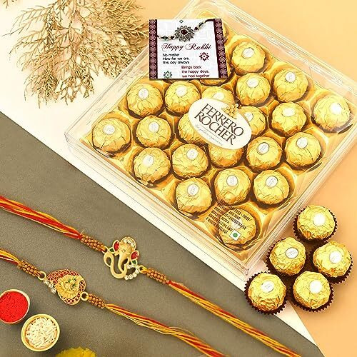 TIED RIBBONS Rakhi for Brother with Chocolate - Pack of 2 Premium Rakhi with Chocolates Pack Mini Greeting Card and Roli Chawal - Rakhi Gift for Brother