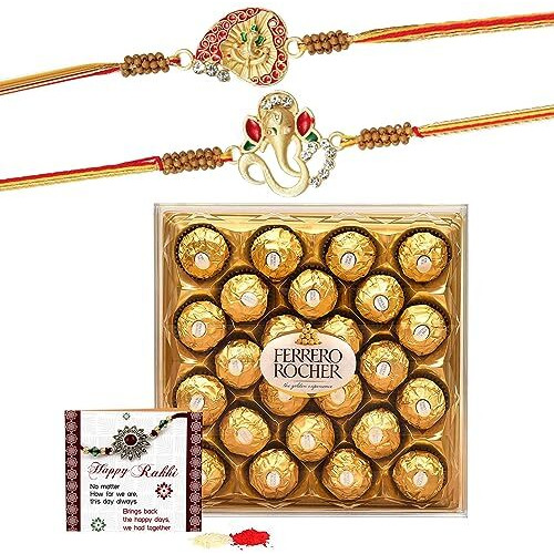 TIED RIBBONS Rakhi for Brother with Chocolate - Pack of 2 Premium Rakhi with Chocolates Pack Mini Greeting Card and Roli Chawal - Rakhi Gift for Brother