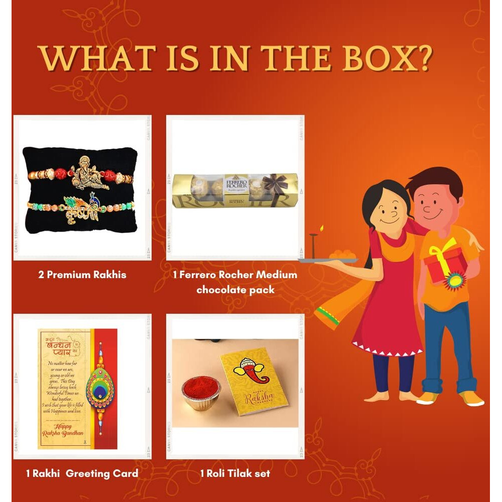 CraftVatika Rakhi with Chocolate Ferrero Rakhi Hamper - Set of 2 Two Rakhis Gift Hamper for Brother Boy Kids with Chocolate Combo, Krishna Ganesha Rakhi Pack