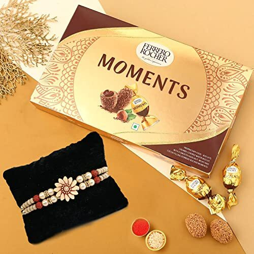 Rakhi Gift for Brother with Chocolates Gift Combo - Premium Pearl Rakhi with Chocolates and Roli Chawal Tika - Rakhi for Brother - Rakhi with Ferrero Moments Chocolate