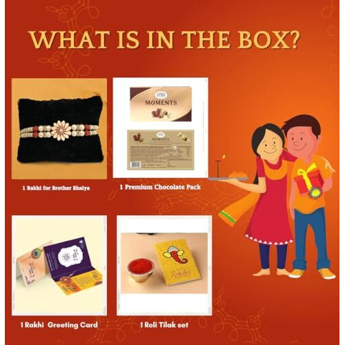 Rakhi Gift for Brother with Chocolates Gift Combo - Premium Pearl Rakhi with Chocolates and Roli Chawal Tika - Rakhi for Brother - Rakhi with Ferrero Moments Chocolate