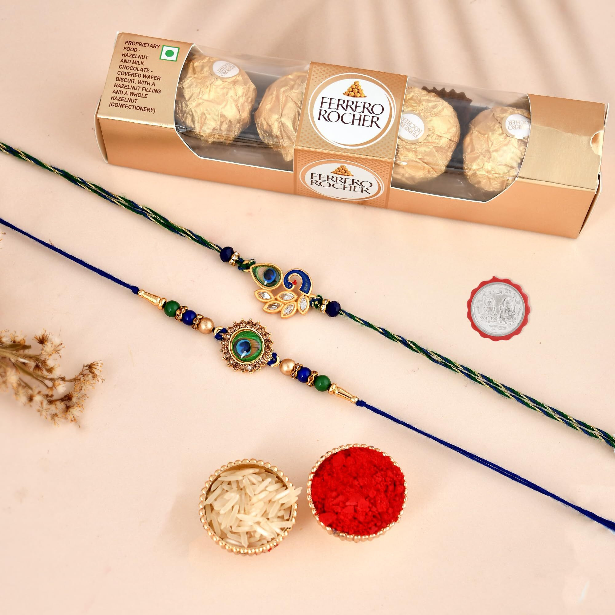 Ferrero Rakhi Chocolate Combo for Brother Kids Set of 2 Rakhi |Peacock Mor Pankh Rakhi | Pooja Coin | Rakhi Combo for Men Boy Bhaiya Bhabhi Kids