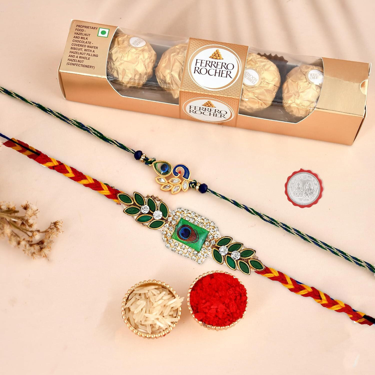 Ferrero Rakhi Chocolate Combo for Brother Kids Set of 2 Rakhi |Peacock Mor Pankh Rakhi | Pooja Coin | Rakhi Combo for Men Boy Bhaiya Bhabhi Kids
