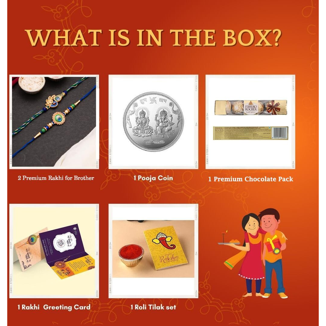 Ferrero Rakhi Chocolate Combo for Brother Kids Set of 2 Rakhi |Peacock Mor Pankh Rakhi | Pooja Coin | Rakhi Combo for Men Boy Bhaiya Bhabhi Kids
