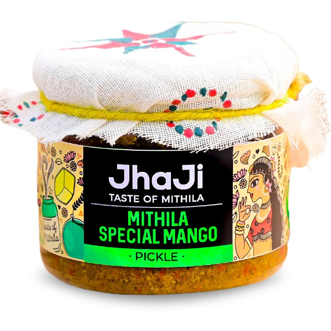 JhaJi - Taste of Mithila Special Mango Pickle|Bihari Style Aam Ka Achaar|Tangy & Spicy|Masaledaar & Khatta|1-Inch Mango Pieces|Sun-Dried. No Artificial Preservatives & Colors|Bihari-Style Pickle,250G