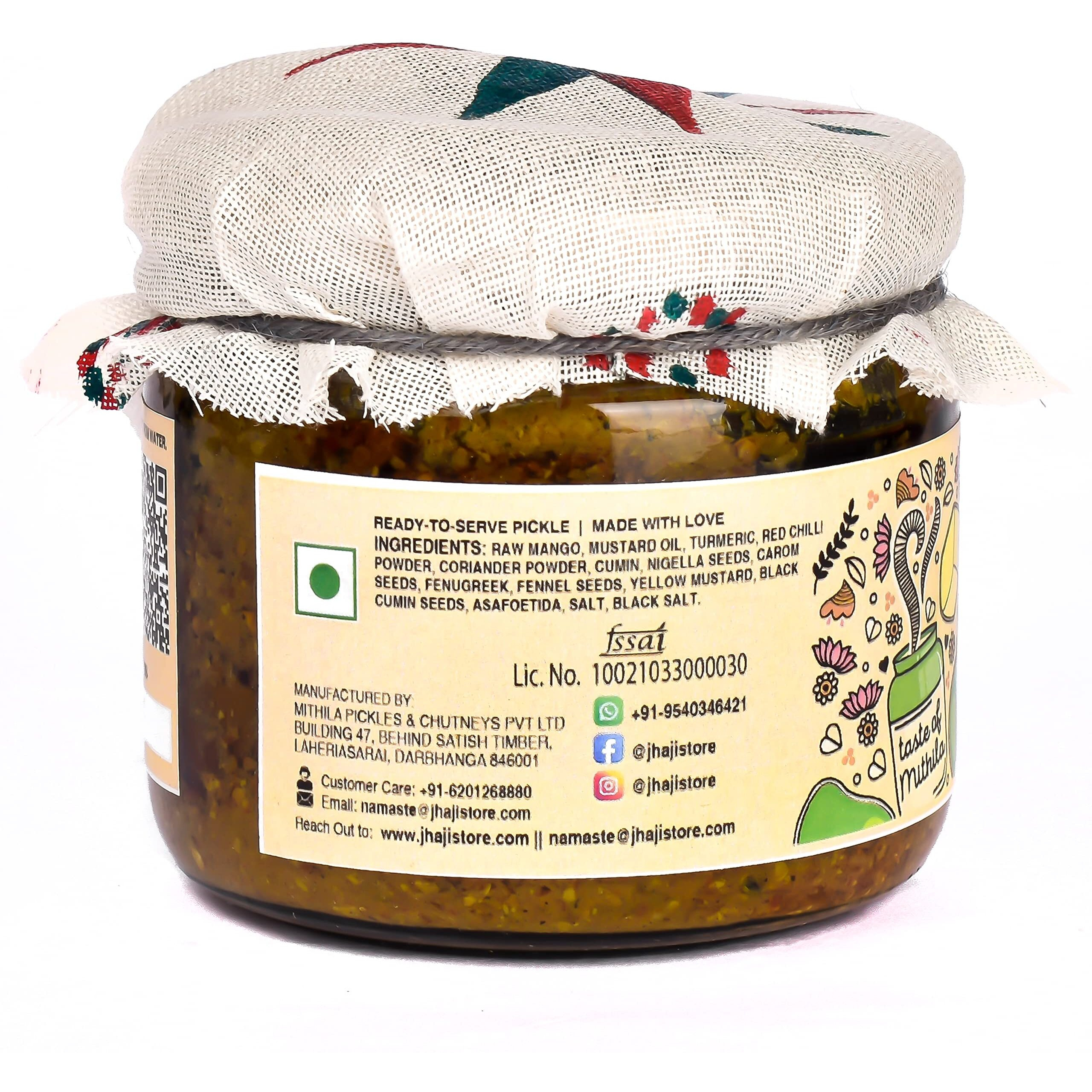 JhaJi - Taste of Mithila Special Mango Pickle|Bihari Style Aam Ka Achaar|Tangy & Spicy|Masaledaar & Khatta|1-Inch Mango Pieces|Sun-Dried. No Artificial Preservatives & Colors|Bihari-Style Pickle,250G