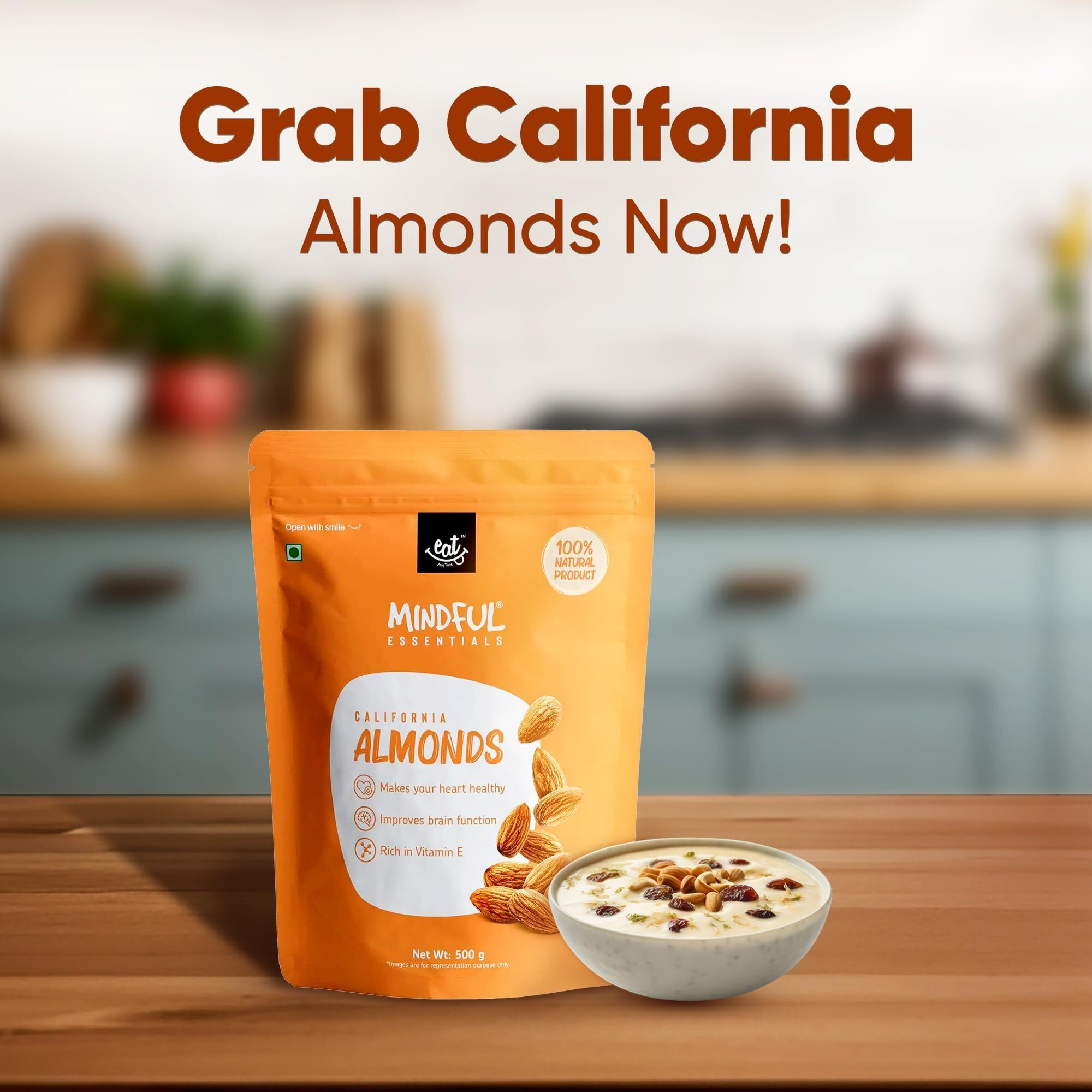 Eat Anytime Mindful Export Premium California Almonds | Gluten Free | Improve Brain Function | Crunchy & Roasted Almonds | Healthy Snacks For Diet | California Almonds - 1kg