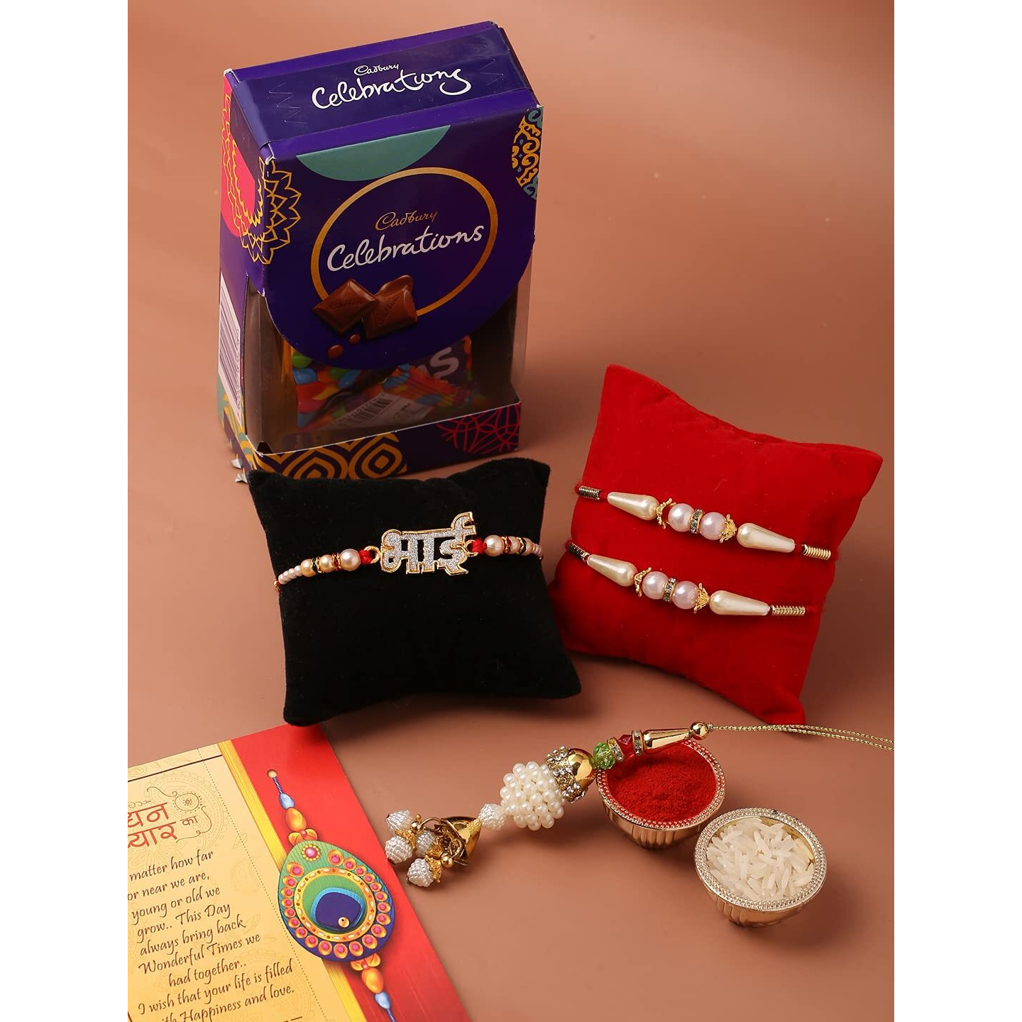 Collectible India 4 Rakhi Combo for Brother Bhabhi Kids with Celebration Gift Pack/Rakshabandhan Rakhi with Gift for Brother/Lumba Rakhi/Om Swastik Rakhi/Pearl Designer Rakhi/Greeting Card