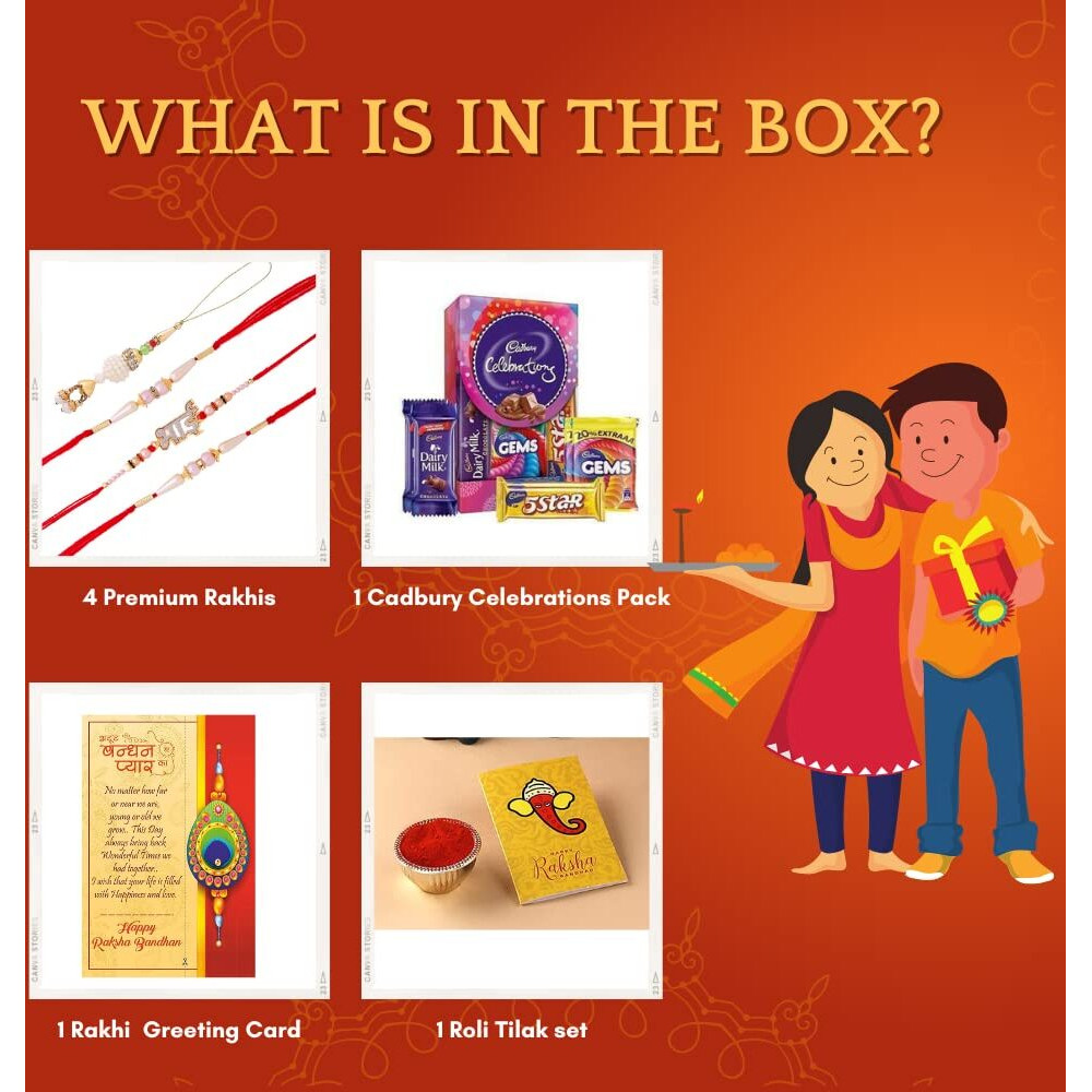 Collectible India 4 Rakhi Combo for Brother Bhabhi Kids with Celebration Gift Pack/Rakshabandhan Rakhi with Gift for Brother/Lumba Rakhi/Om Swastik Rakhi/Pearl Designer Rakhi/Greeting Card