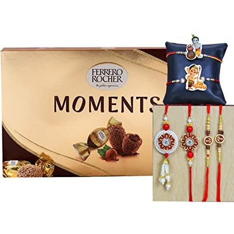 TIED RIBBONS Rakhi for Brother and Bhabhi with Kids Chocolate Gifts Pack - Pack of 6 Premium Rakhi with Chocolates Gift Pack Mini Greeting Card and Roli Chawal, 250 Grams