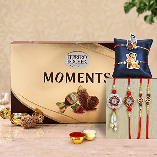 TIED RIBBONS Rakhi for Brother and Bhabhi with Kids Chocolate Gifts Pack - Pack of 6 Premium Rakhi with Chocolates Gift Pack Mini Greeting Card and Roli Chawal, 250 Grams
