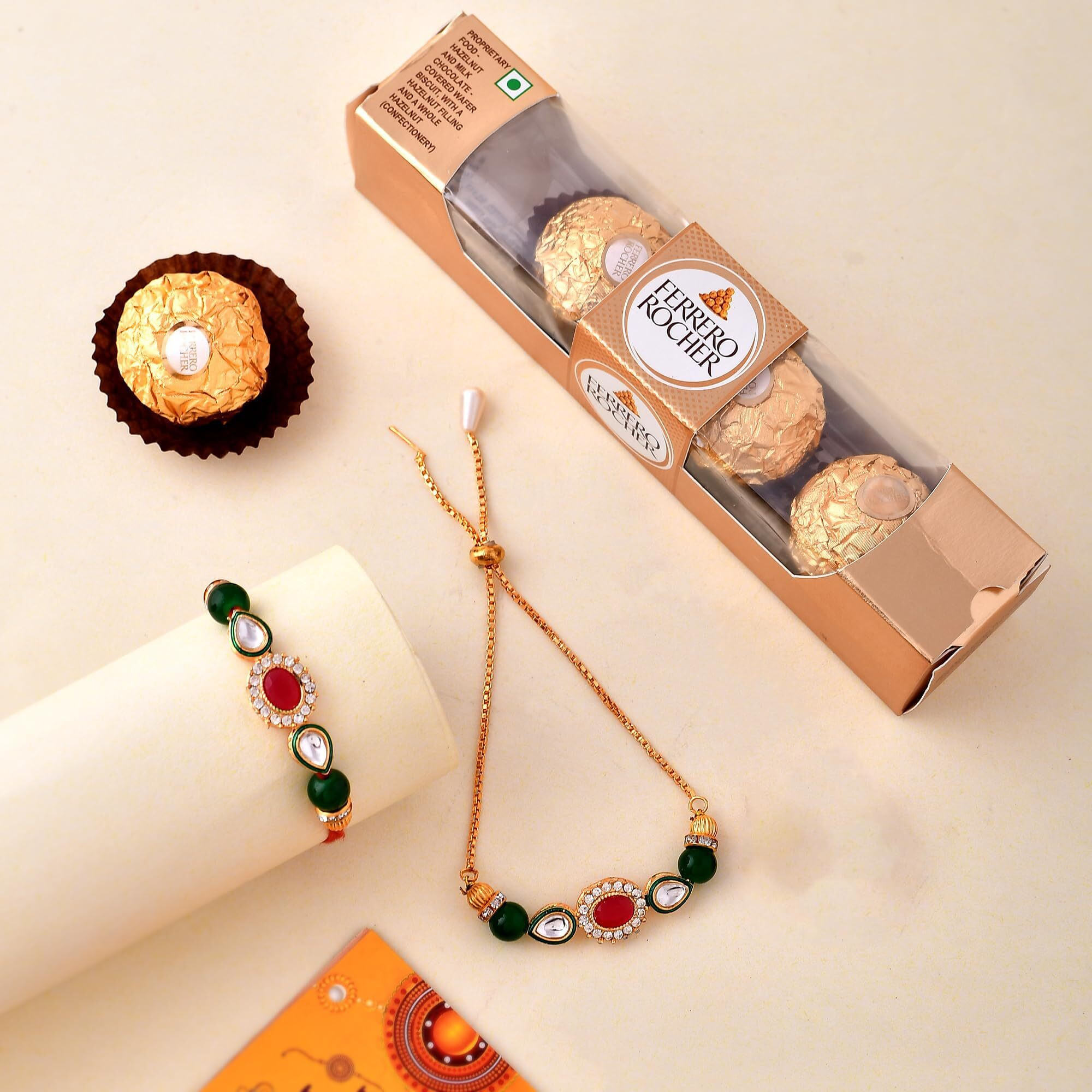 CraftVatika Ferrero Rakhi Chocolate Gift Pack for Brother and Bhabhi, Bhaiya Bhabhi Rakhi Set of 2, Kundan Rakhi, Couple Pair, Rakhi with Chocolate Gift for Brother Combo, rakhi set of 2