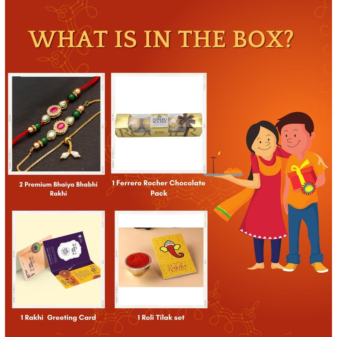 CraftVatika Ferrero Rakhi Chocolate Gift Pack for Brother and Bhabhi, Bhaiya Bhabhi Rakhi Set of 2, Kundan Rakhi, Couple Pair, Rakhi with Chocolate Gift for Brother Combo, rakhi set of 2