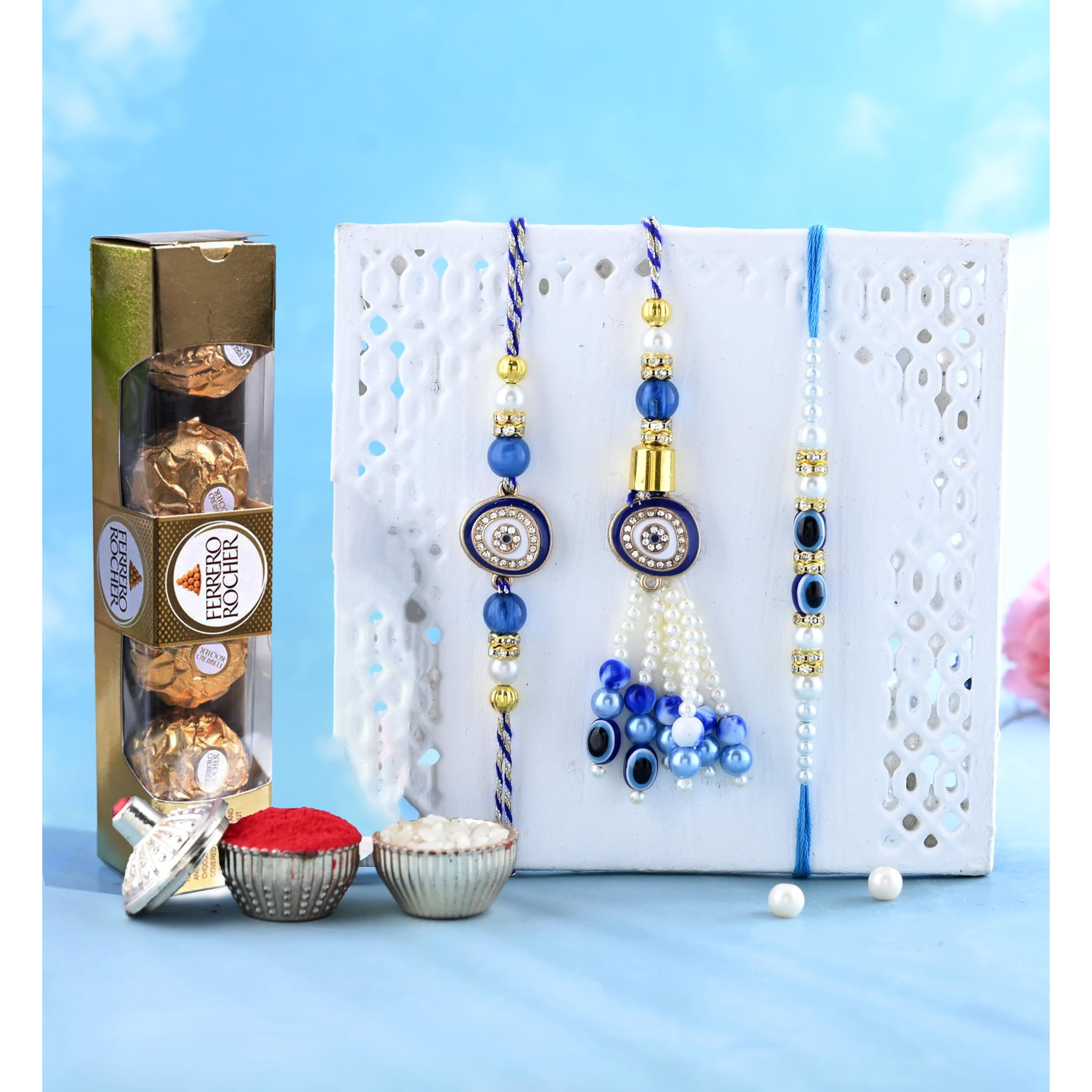 CraftVatika Chocolates With Evil Eye Rakhi For Brother Bhabhi Kids, Rakhi Set Of 3 For Bhaiya Bhabhi Kids, Evil Eye Lumba, Rakhi Chocolates Gift Rakhi With Gift Hamper (Type-2), 50 Grams