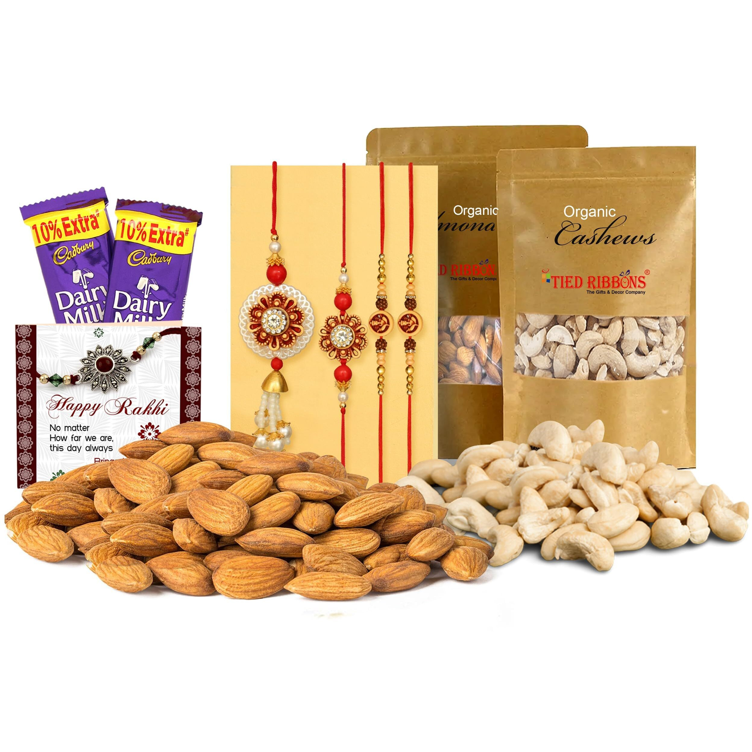 TIED RIBBONS Rakhi for Brother Bhabhi and Kids with Chocolates Gift - Premium Bhaiya Bhabhi Kids Rakhi Set with Chocolates and Dryfruits Almonds and Cashew Roli Chawal and Mini Greeting Card