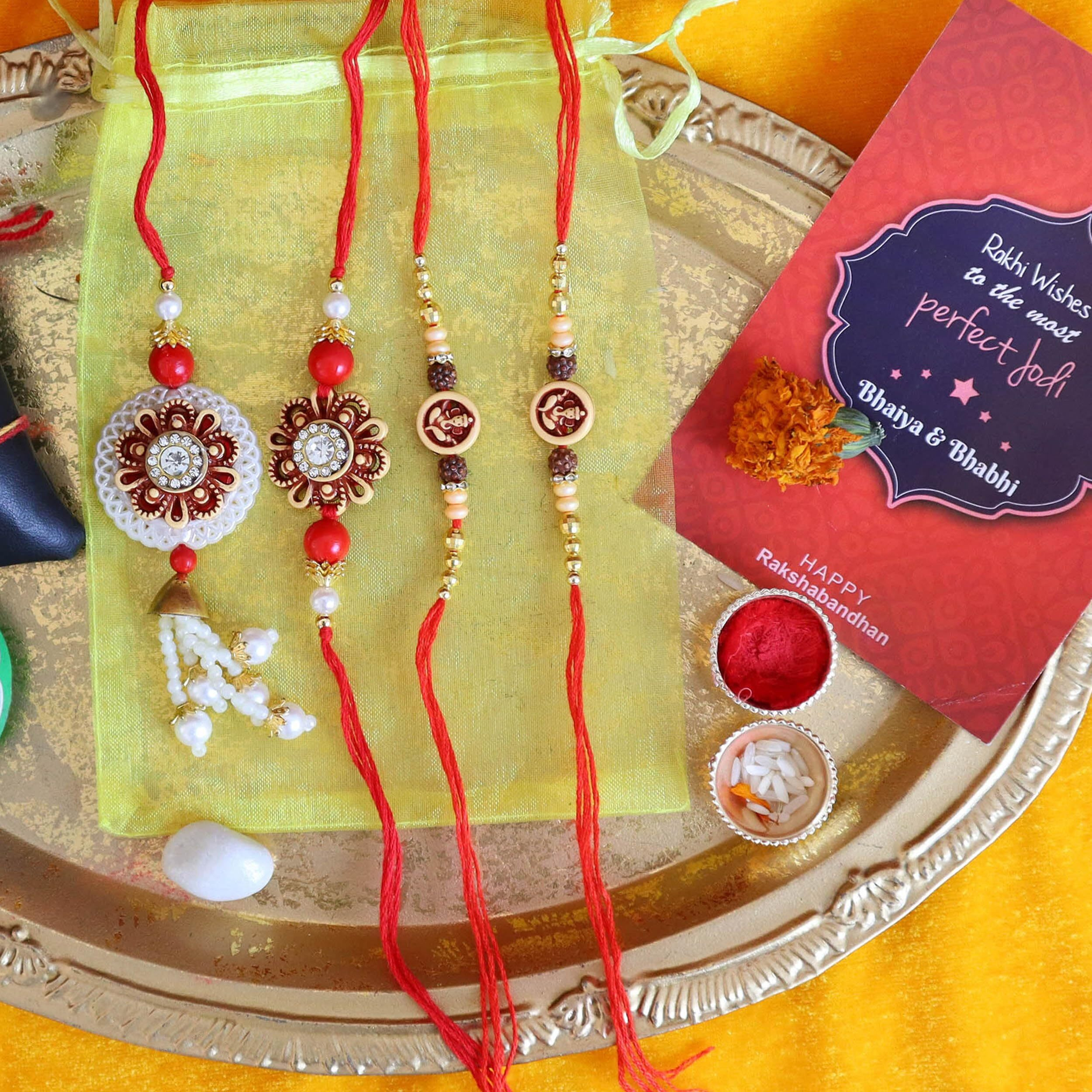 TIED RIBBONS Rakhi for Brother Bhabhi and Kids with Chocolates Gift - Premium Bhaiya Bhabhi Kids Rakhi Set with Chocolates and Dryfruits Almonds and Cashew Roli Chawal and Mini Greeting Card