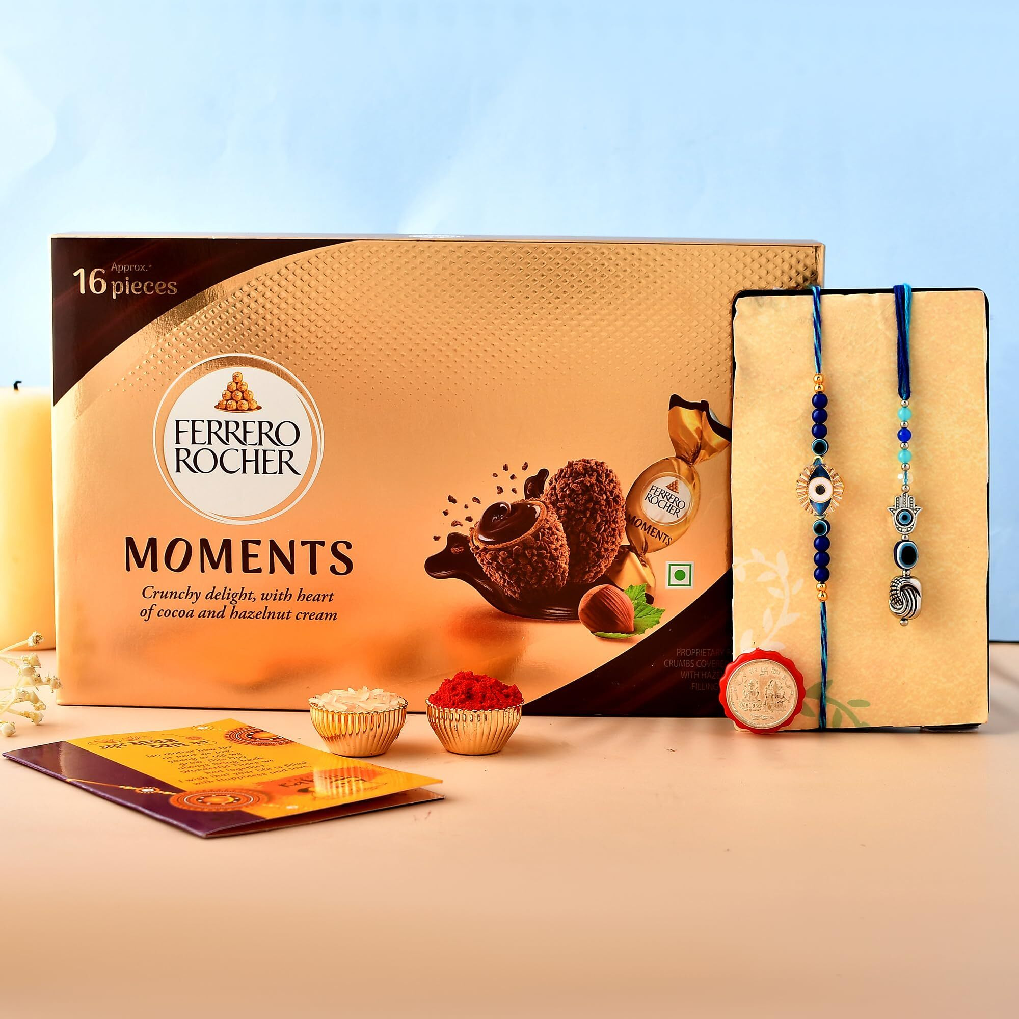 CraftVatika Ferrero Moments Chocolate Rakhi Chocolate Pooja Coin Gift for Brother Bhaiya Bhabhi, Evil Eye Rakhi Combo Set of 2 with Ferrero Moments for Brother Bhaiya